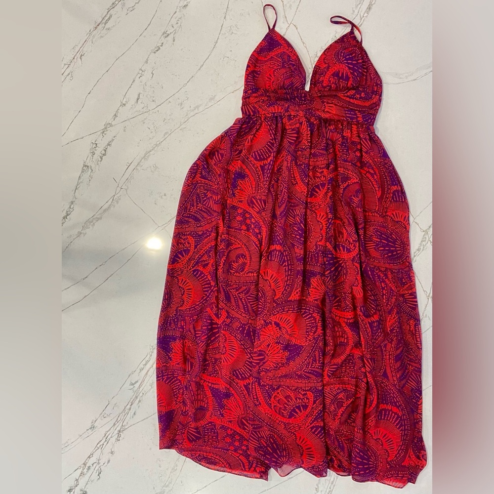 Moda International Red Purple Paisley Maxi Dress Boho Spaghetti Strap NWOT M